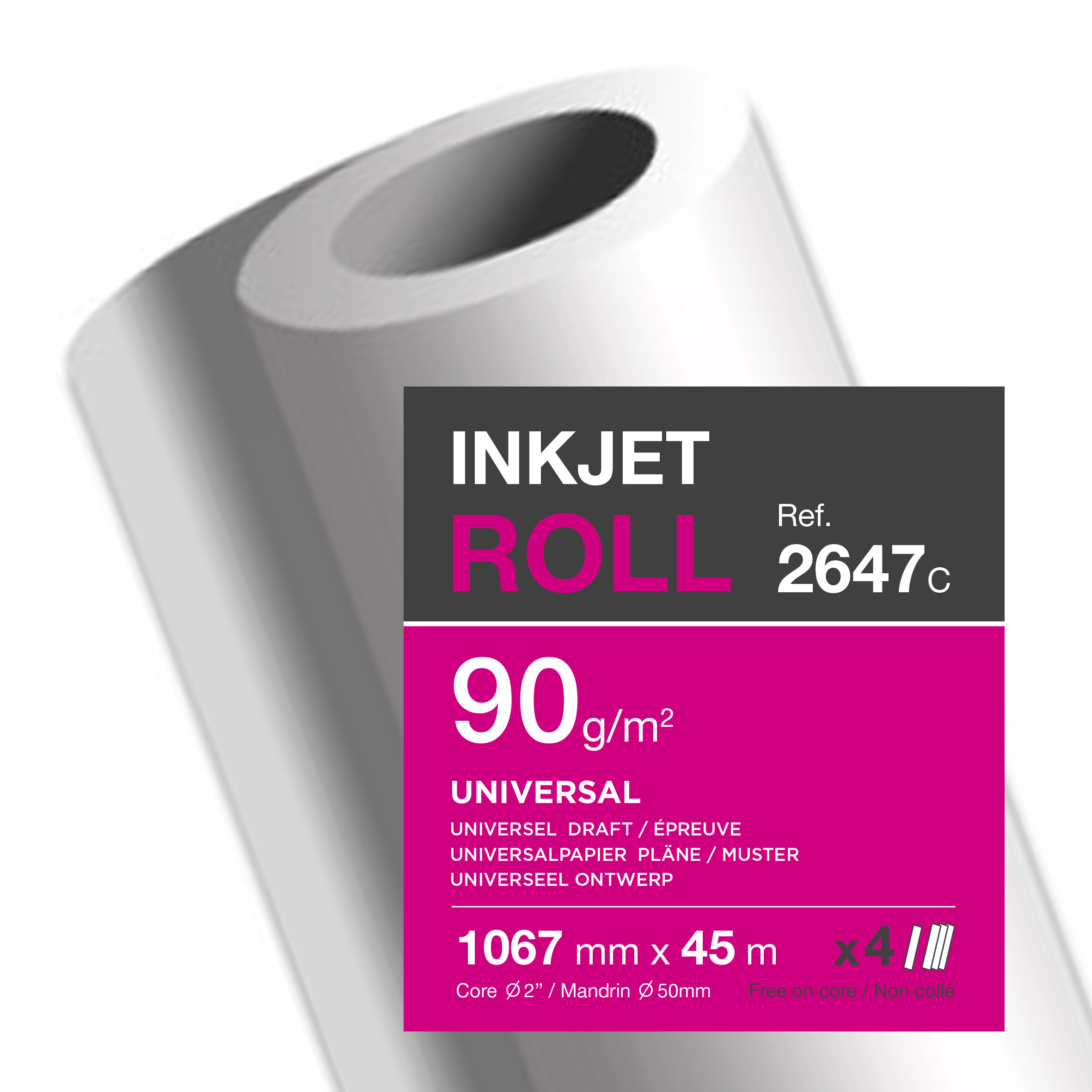 Clairefontaine inkjet rollen wit 2647 90g/m² 1067 mm x 45 M 50 mm