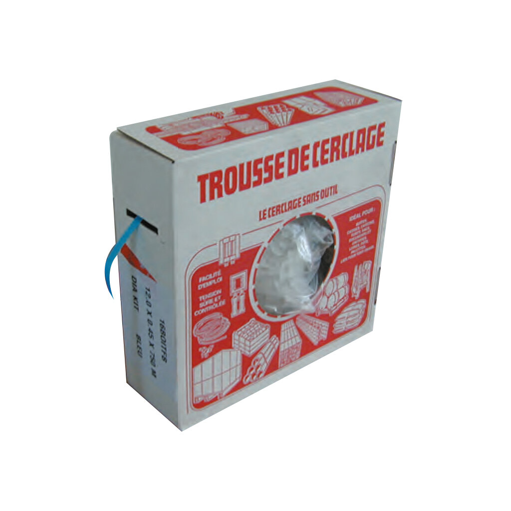 Boîte distributrice feuillard PP bleu 12 mm x 0,45 mm x 750 m + 250 boucles plastique